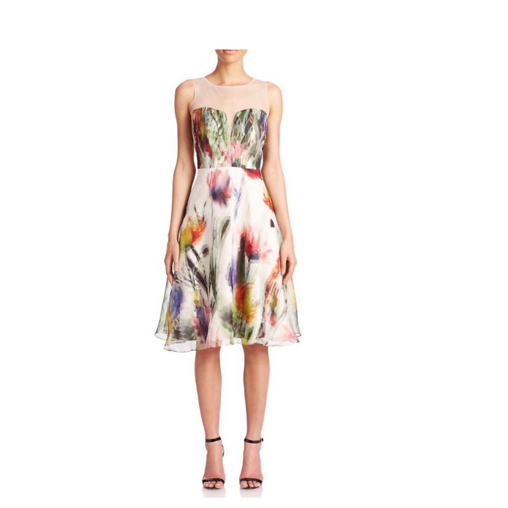 Badgley Mischka, Illusion Floral Silk Cocktail Dress- white/multi